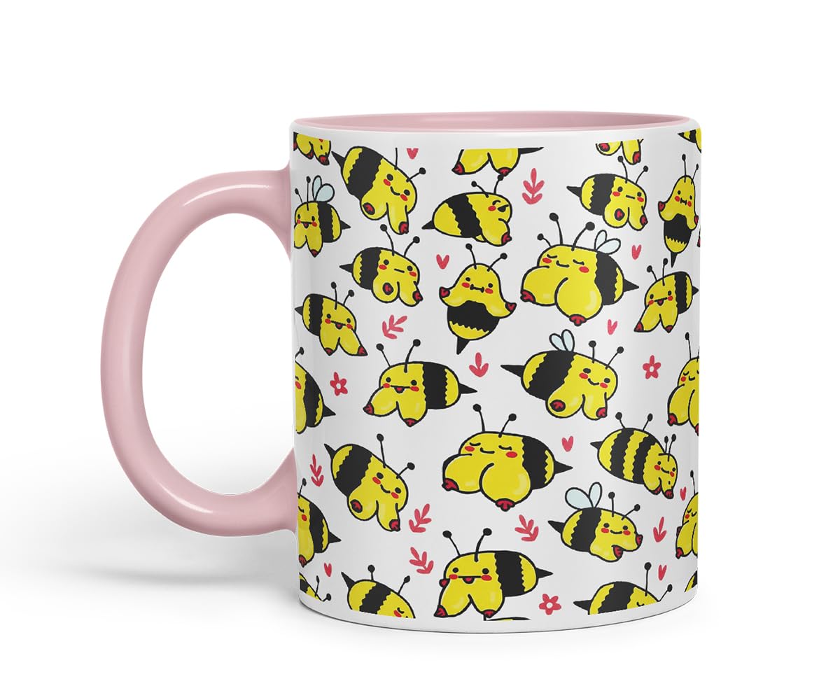 Vixar Cute Bee Breasts, Tits, Pattern Mug – Coloured Ceramic Mug Cup Gift, 11oz (Black)