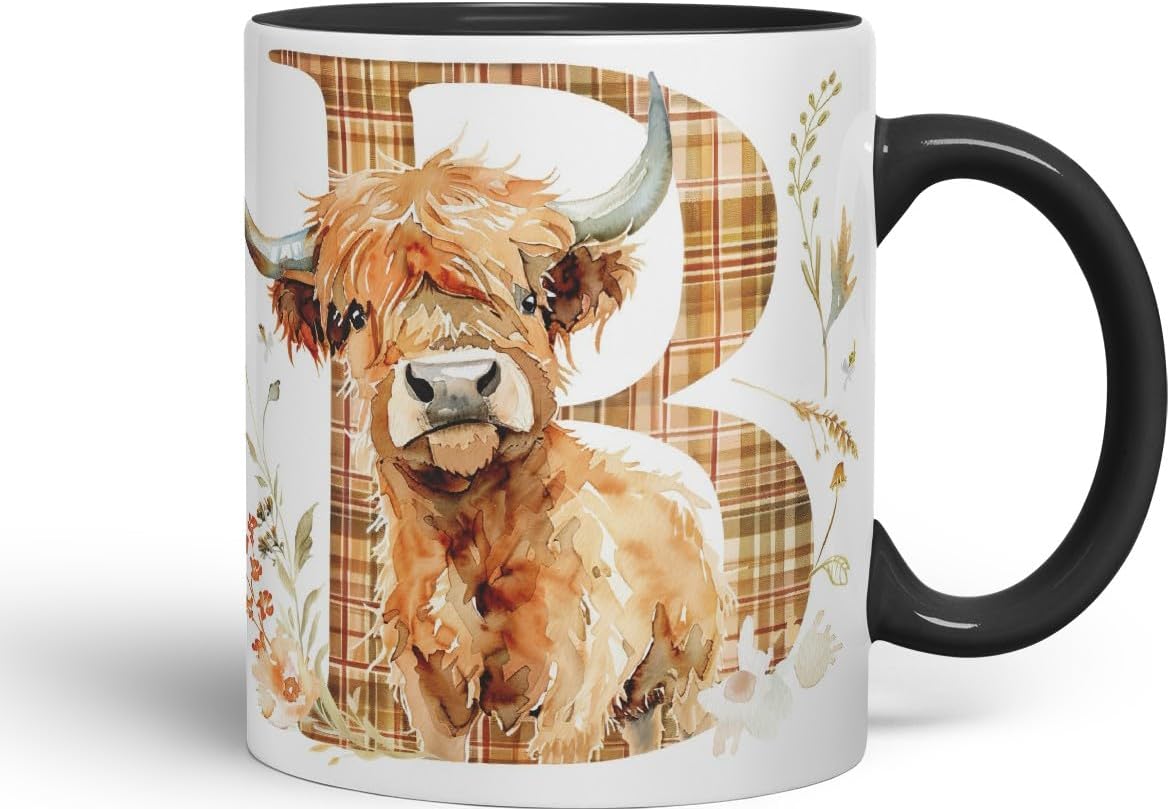Vixar Highland Cow Alphabet Monogram Coloured Ceramic Cup Mug – Letter B – Rustic Farmhouse Animal Letter Gift – 11oz (Black)