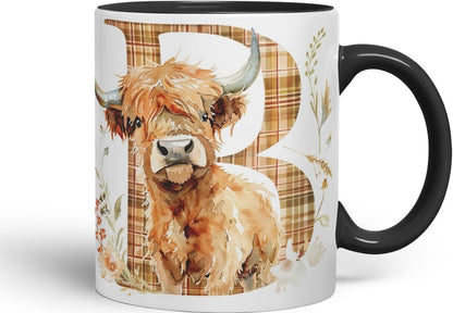 Vixar Highland Cow Alphabet Monogram Coloured Ceramic Cup Mug – Letter B – Rustic Farmhouse Animal Letter Gift – 11oz (Black)