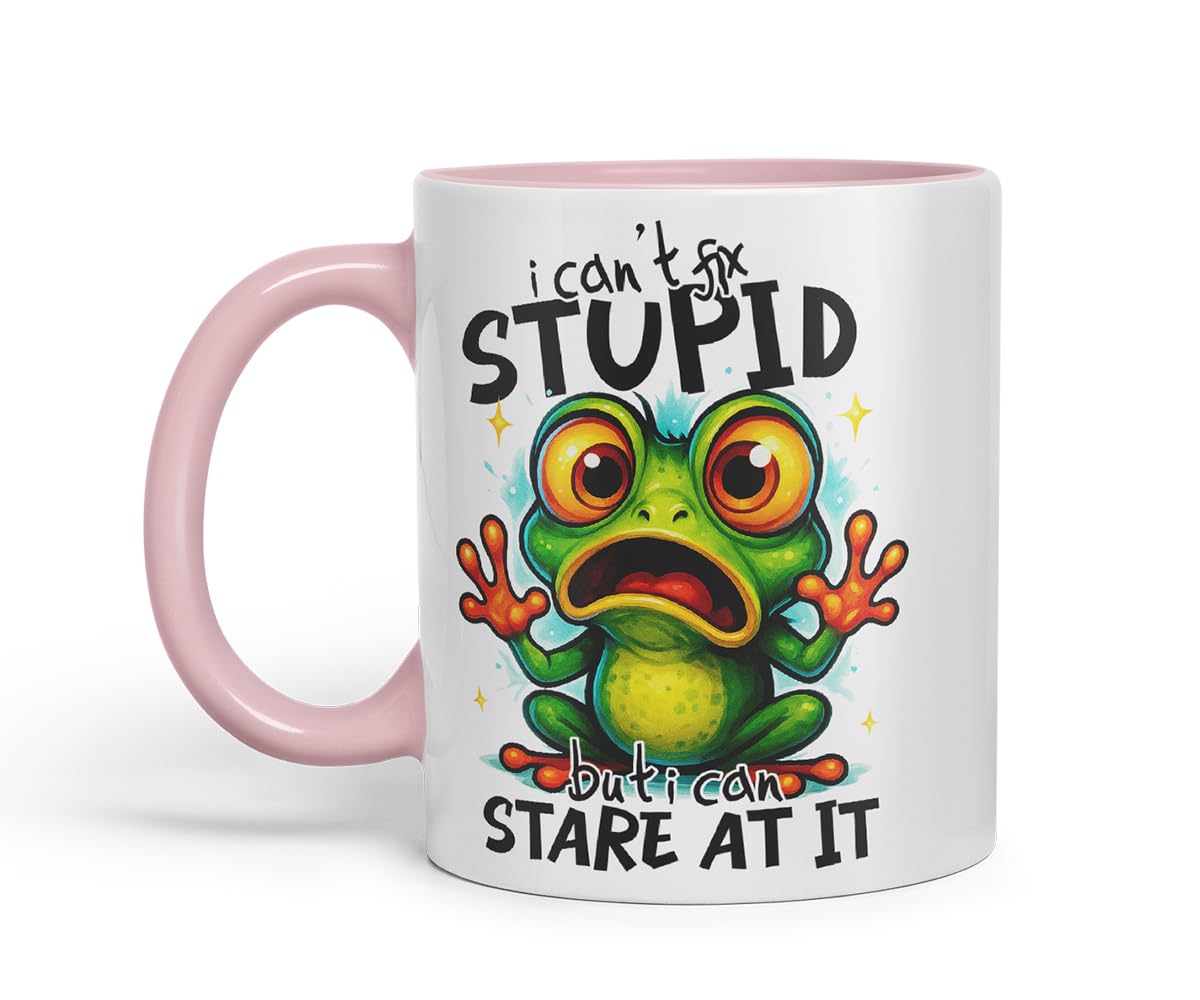 Vixar I Can't Fix Stupid But I Can Stare At It Funny Frog Mug – Coloured Ceramic Mug Cup Gift, 11oz (Black)