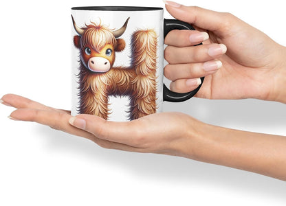 Highland Cow Alphabet Monogram Coloured Ceramic Cup Mug Letter H Rustic Farmhouse Animal Letter Gift V2 11oz (Black)