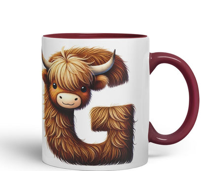 Highland Cow Alphabet Monogram Coloured Ceramic Cup Mug Letter G Rustic Farmhouse Animal Letter Gift V2 11oz (Black)