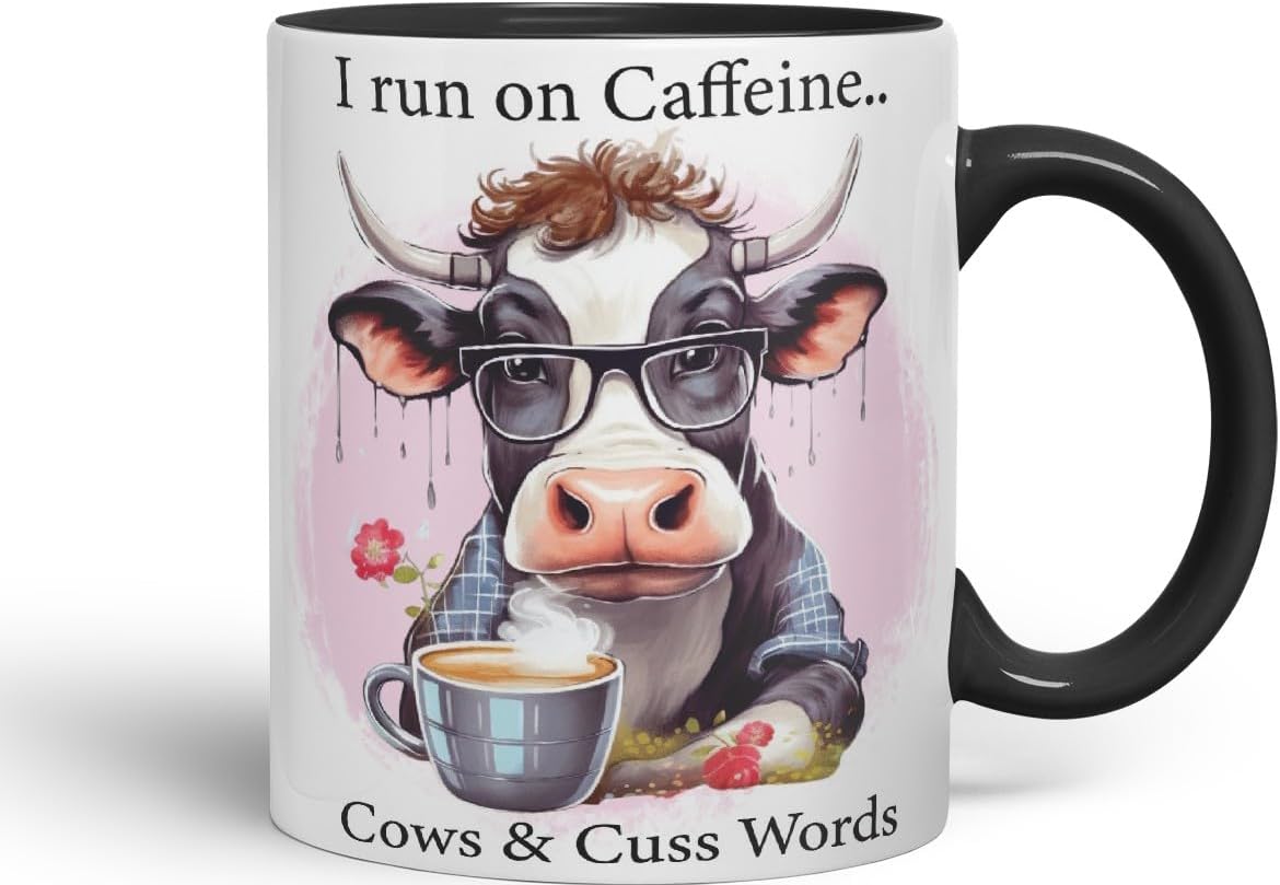 Vixar I Run on Caffeine Cows & Cu.. Words Coloured Ceramic Mug Cup Gift, 11oz (Black)
