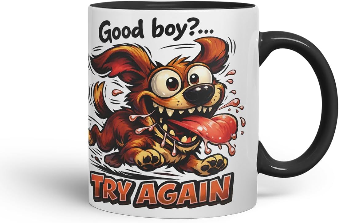 Vixar Good Boy Try Again Funny Dog Mug – Coloured Ceramic Mug Cup Gift, 11oz (Black)