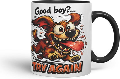 Vixar Good Boy Try Again Funny Dog Mug – Coloured Ceramic Mug Cup Gift, 11oz (Black)