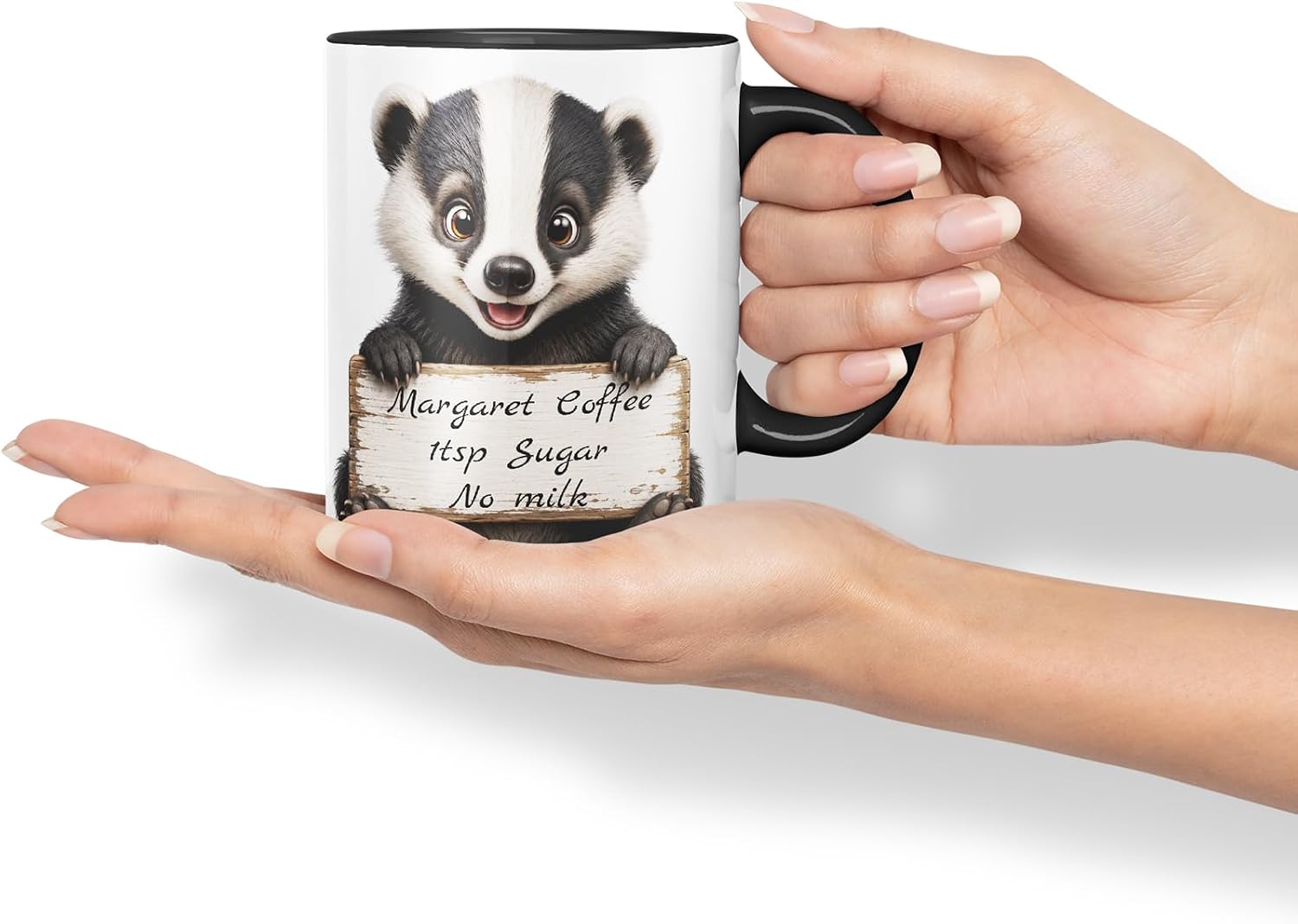Vixar Personalised Badger Mug with Name or Custom Message – Cute Animal Coloured Ceramic Mug Cup Gift, 11oz (Black)