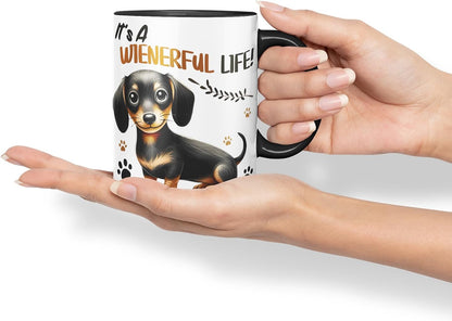 Vixar It’s A Wienerful Life Dachshund Dog Mug – Coloured Ceramic Mug Cup Gift, 11oz (Black)