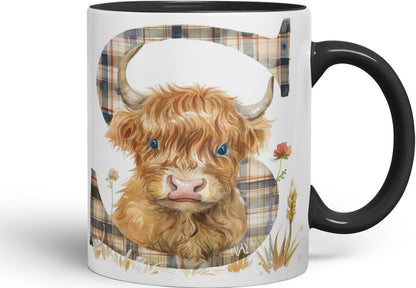 Vixar Highland Cow Alphabet Monogram Coloured Ceramic Cup Mug – Letter S – Rustic Farmhouse Animal Letter Gift – 11oz (Black)