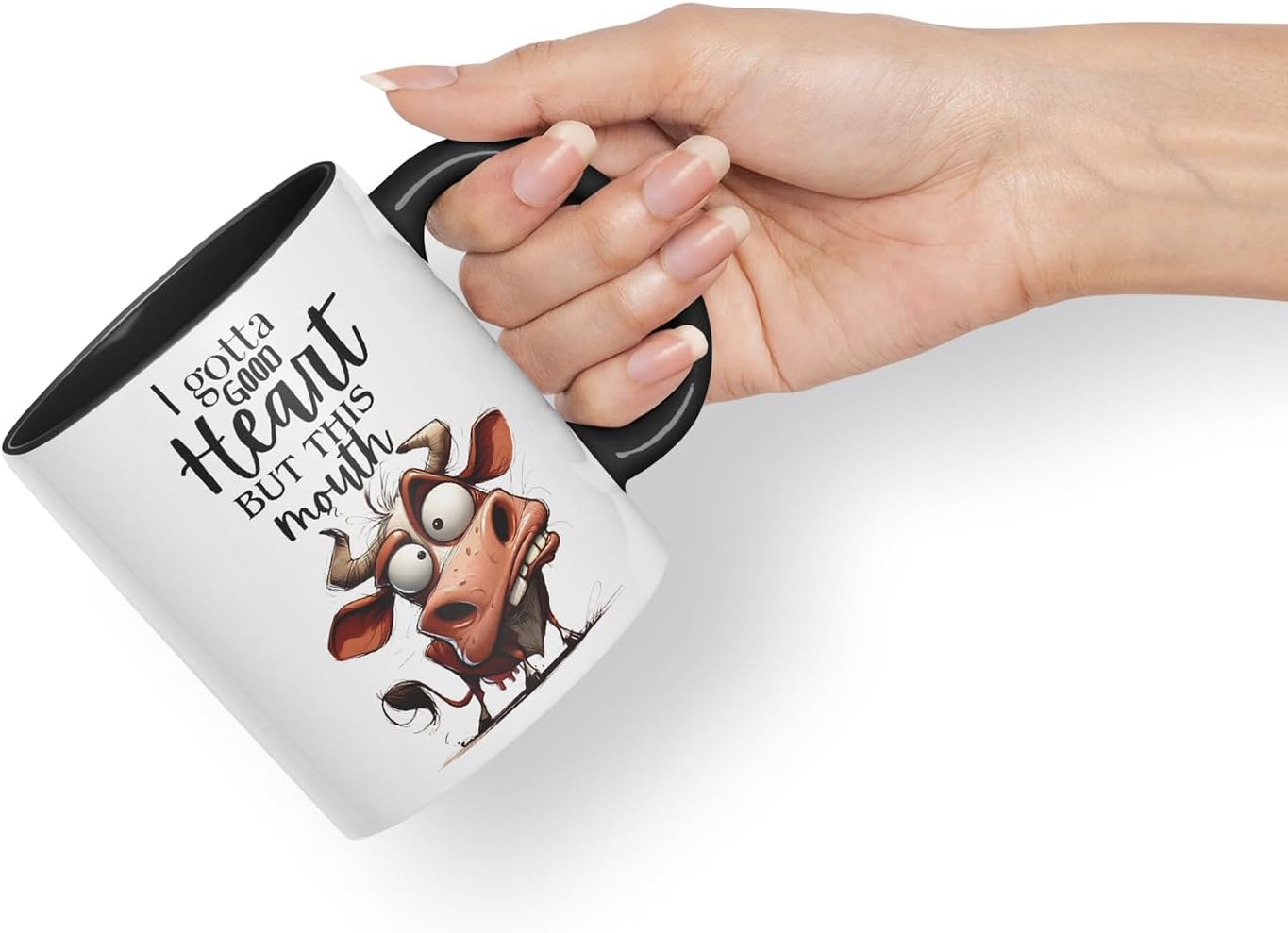 Vixar I Gotta Good Heart But This Mouth Funny Cow – Coloured Ceramic Mug Cup Gift, 11oz (Black)