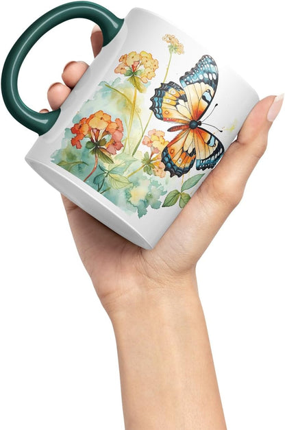 Vixar Ceramic Mug “Butterfly with Flowers” – Coloured Coffee & Tea Mug Cup 11oz 330ml (Dark Green)