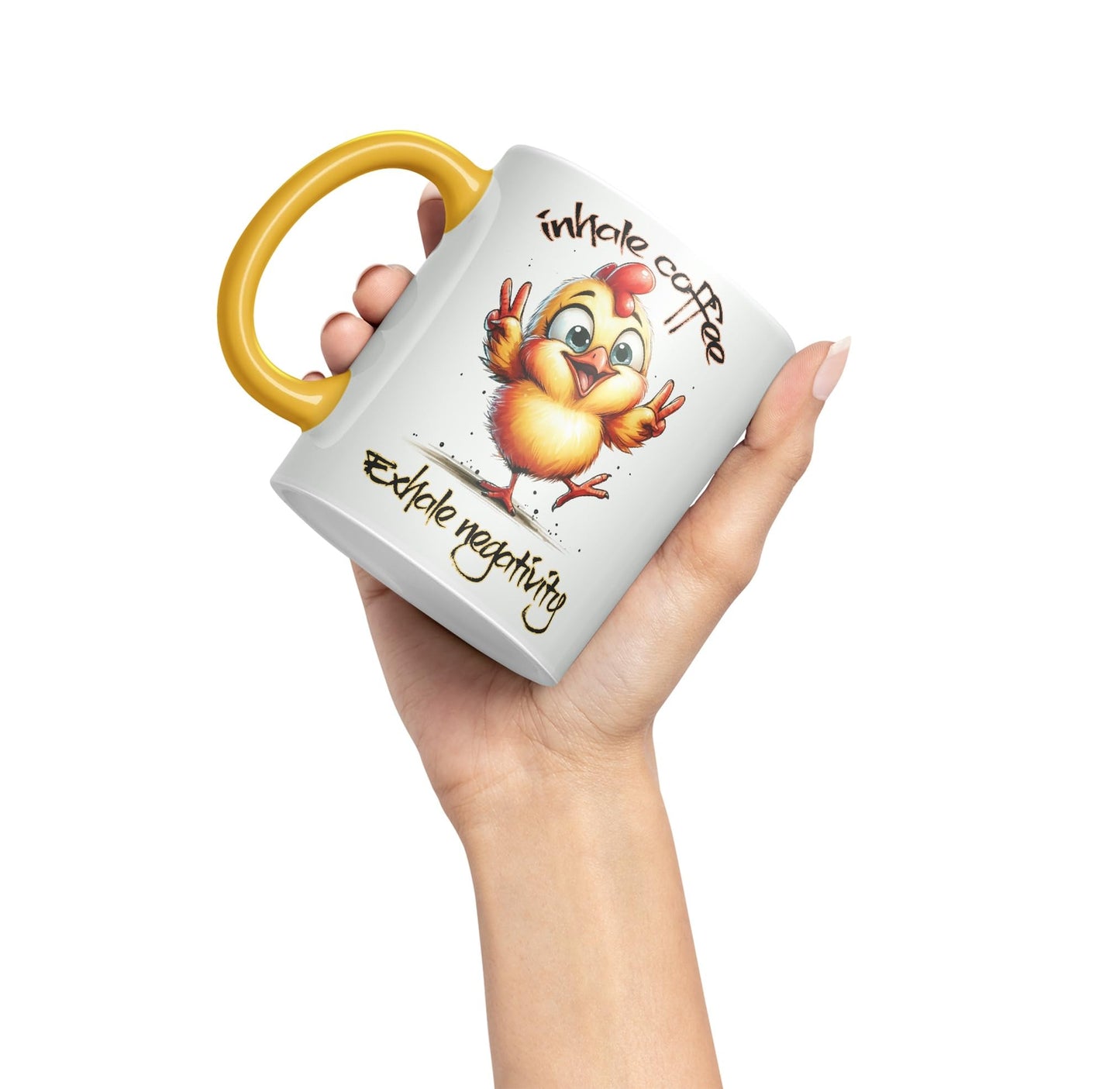 Inhale Coffee Exhale Negativity Chicken Joke sarkasm Sarcastic Ceramic Coloured Mug Cup for Tea Coffee Hot Brew 330ml 11Oz Gift