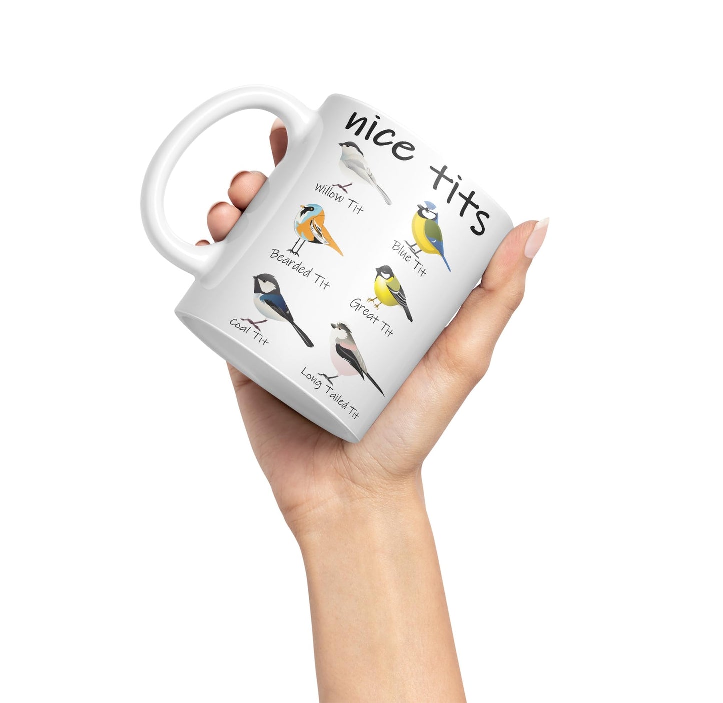 Nice Tits,Willow tit, Blue tit, Bearded tit, Great tit, Coal tit, Long Tailed tit, Sarcastic Joke Ceramic Coloured Mug Cup for Tea Coffee Hot Brew 330ml 11 OZ