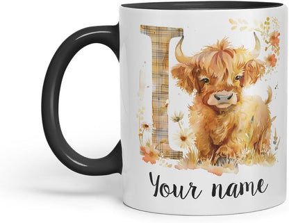 Vixar Personalised Highland Cow Initial Letter I Custom Name Mug – Coloured Ceramic Mug Cup Gift, 11oz (Black)