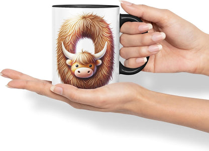 Highland Cow Alphabet Monogram Coloured Ceramic Cup Mug Letter O Rustic Farmhouse Animal Letter Gift V2 11oz (Black)
