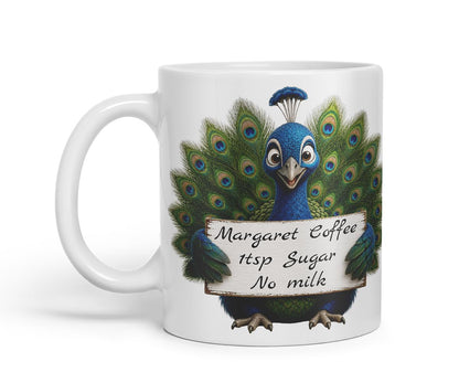 Vixar Personalised Peacock Mug with Name or Custom Message – Cute Animal Coloured Ceramic Mug Cup Gift, 11oz (Black)