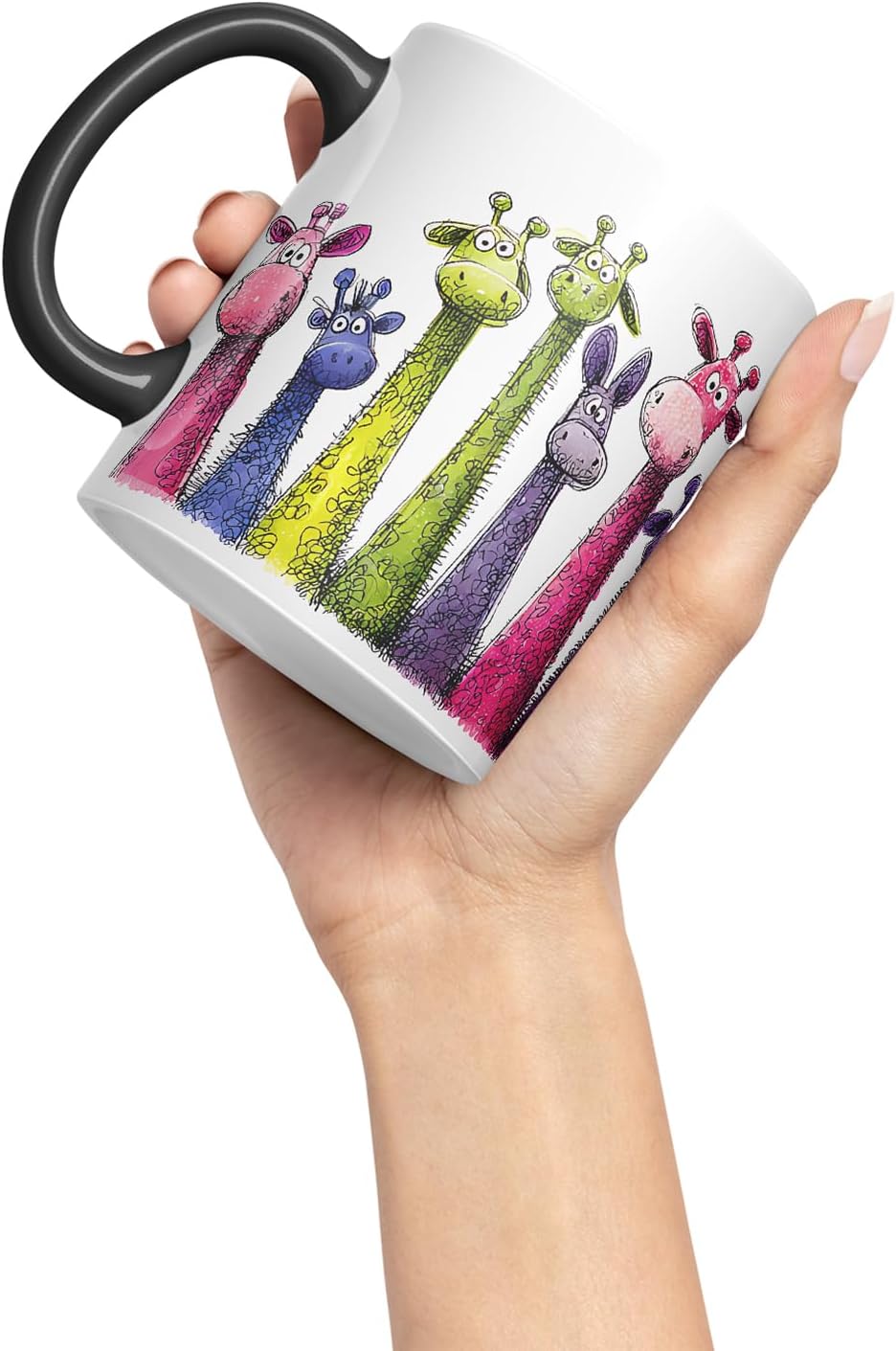 Vixar Funny Colourful Giraffe Friends Design – Cute Giraffe Character Mug for Wildlife & Animal Lovers, Coloured Mug Cup Gift, 11oz (Black)