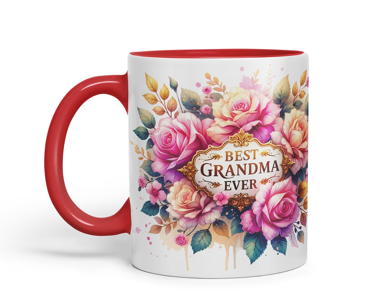 Vixar Best Grandma Ever Floral Mug – Coloured Ceramic Mug Cup Gift, 11oz (Black)