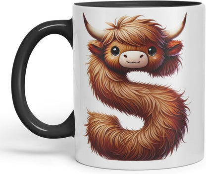 Highland Cow Alphabet Monogram Coloured Ceramic Cup Mug Letter S Rustic Farmhouse Animal Letter Gift V2 11oz (Black)