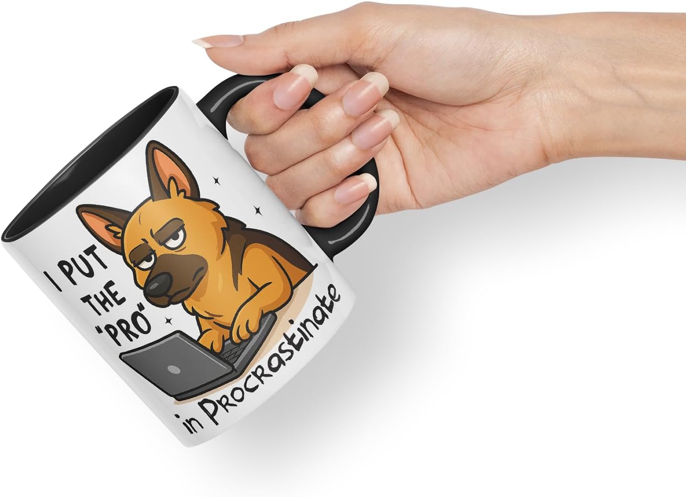 Vixar I Put The Pro in Procrastinate German Shepherd Dog Mug – Coloured Ceramic Mug Cup Gift, 11oz (Black)
