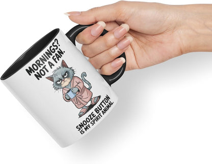 Vixar Mornings Not A Fan Snooze Button Cat Mug – Coloured Ceramic Mug Cup Gift, 11oz (Black)