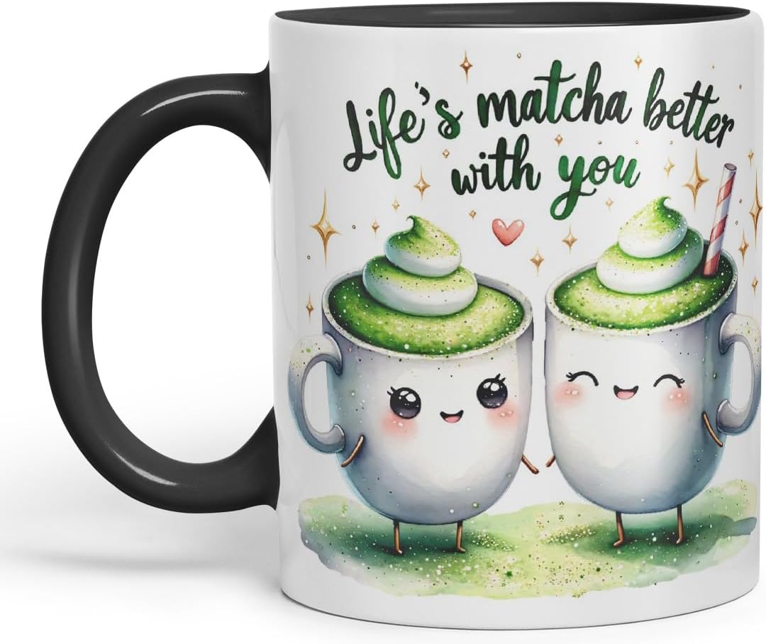 Vixar Life’s Matcha Better with You Coloured Ceramic Cup Mug – Cute Matcha Lovers Gift for Couple, Friends or Partner – 11oz (Black)