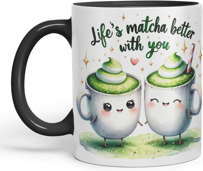 Vixar Life’s Matcha Better with You Coloured Ceramic Cup Mug – Cute Matcha Lovers Gift for Couple, Friends or Partner – 11oz (Black)