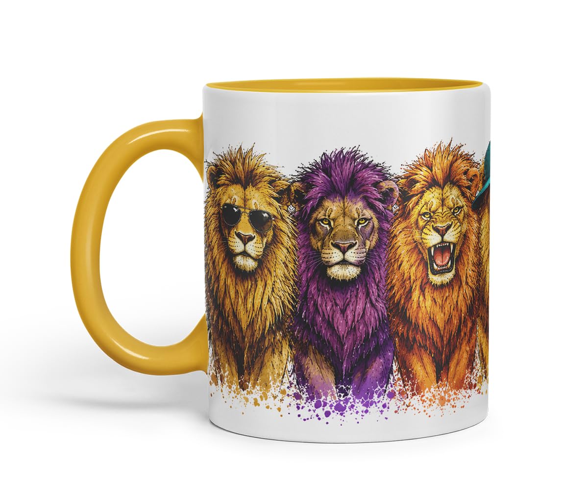 Lion Mug – Cute Lion Animal Coloured Ceramic Mug Cup Gift, 11oz (Black)