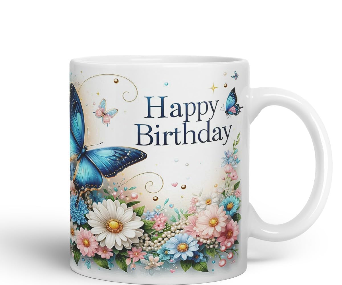 Vixar Happy Birthday Blue Butterfly Flowers Coloured Ceramic Mug Cup Gift 11oz V4 (Black)