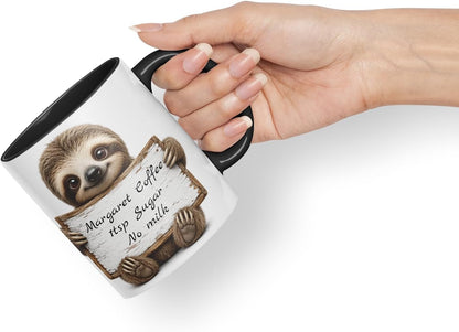 Vixar Personalised Sloth Mug with Name or Custom Message – Cute Animal Coloured Ceramic Mug Cup Gift, 11oz (Black)
