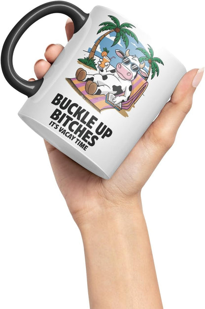 Vixar Buckle Up Bit... It’s Vacay Time Cow Coloured Ceramic Mug Cup Gift, 11oz (Black)