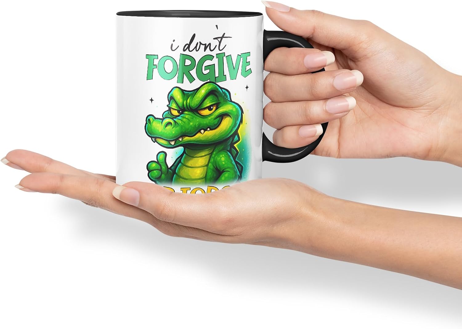 Vixar I Don't Forgive Or Forget Funny Crocodile Mug – Coloured Ceramic Mug Cup Gift, 11oz (Black)