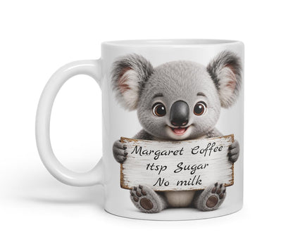 Vixar Personalised Koala Mug with Name or Custom Message – Cute Animal Coloured Ceramic Mug Cup Gift, 11oz (Black)