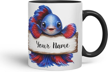 Vixar Personalised Betta Fish Mug with Name or Custom Message – Cute Animal Coloured Ceramic Mug Cup Gift, 11oz (Black)