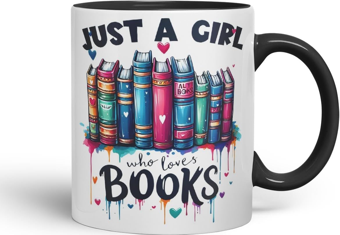 Vixar Just A Girl Who Loves Books Coloured Ceramic Mug Cup Gift, 11oz (Black)