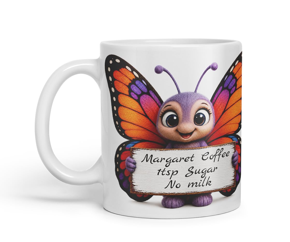 Vixar Personalised Butterfly Mug with Name or Custom Message – Cute Animal Coloured Ceramic Mug Cup Gift, 11oz (Orange)