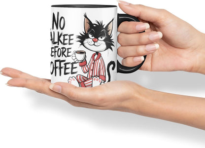 Vixar No Talkee Before Coffee Sarcastic cat Coloured Ceramic Mug Cup Gift, 11oz (Black)