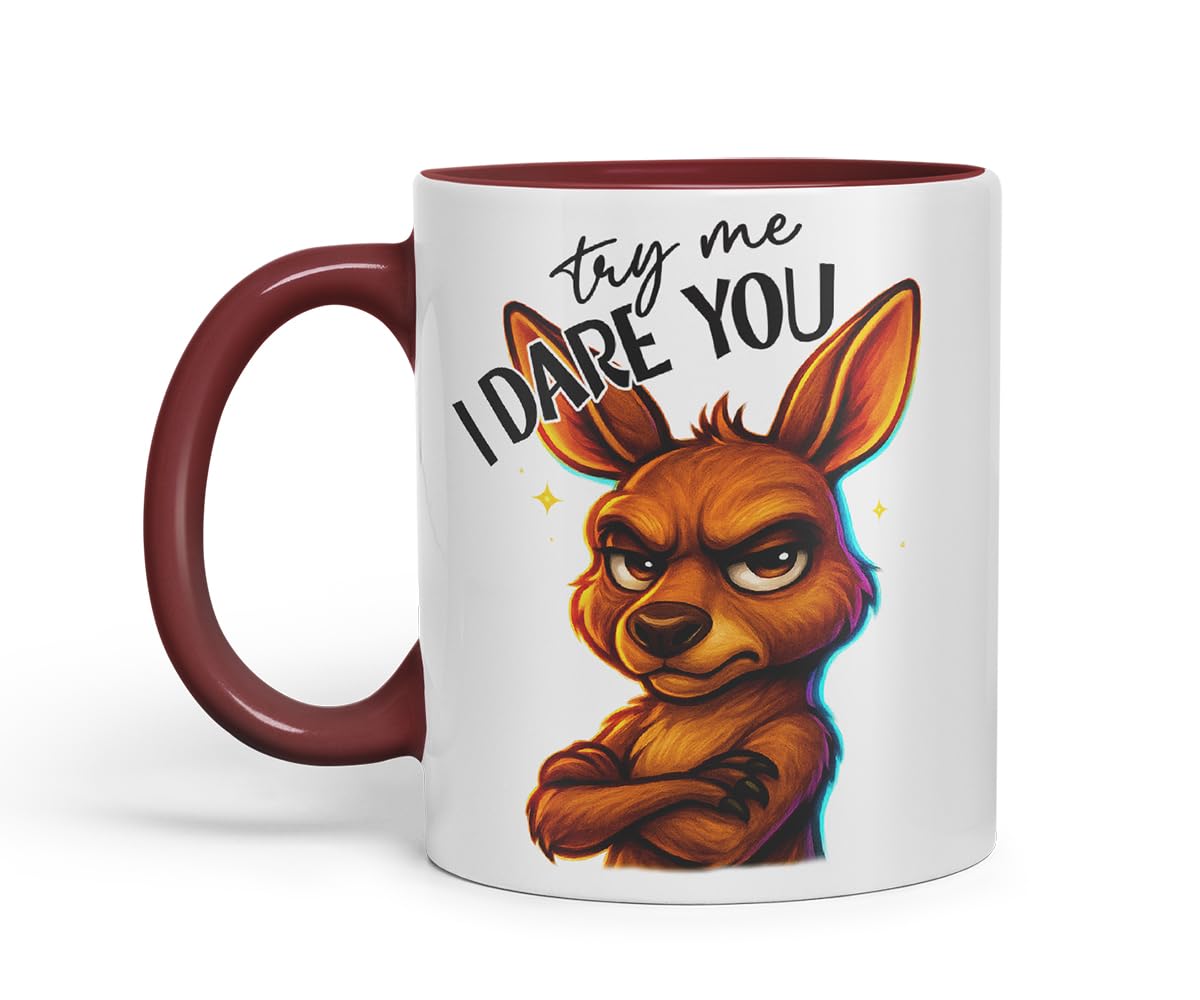 Vixar Try Me I Dare You Sarcastic Kangaroo – Coloured Ceramic Mug Cup Gift, 11oz (Black)