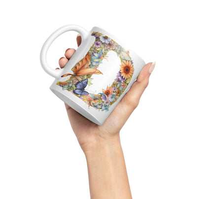 Letter D mug, Floral flowers butterfly Alphabet Letter D Monogram watercolour Ceramic Coloured Mug Cup for Tea Coffee Hot brew 330ml 11Oz Gift