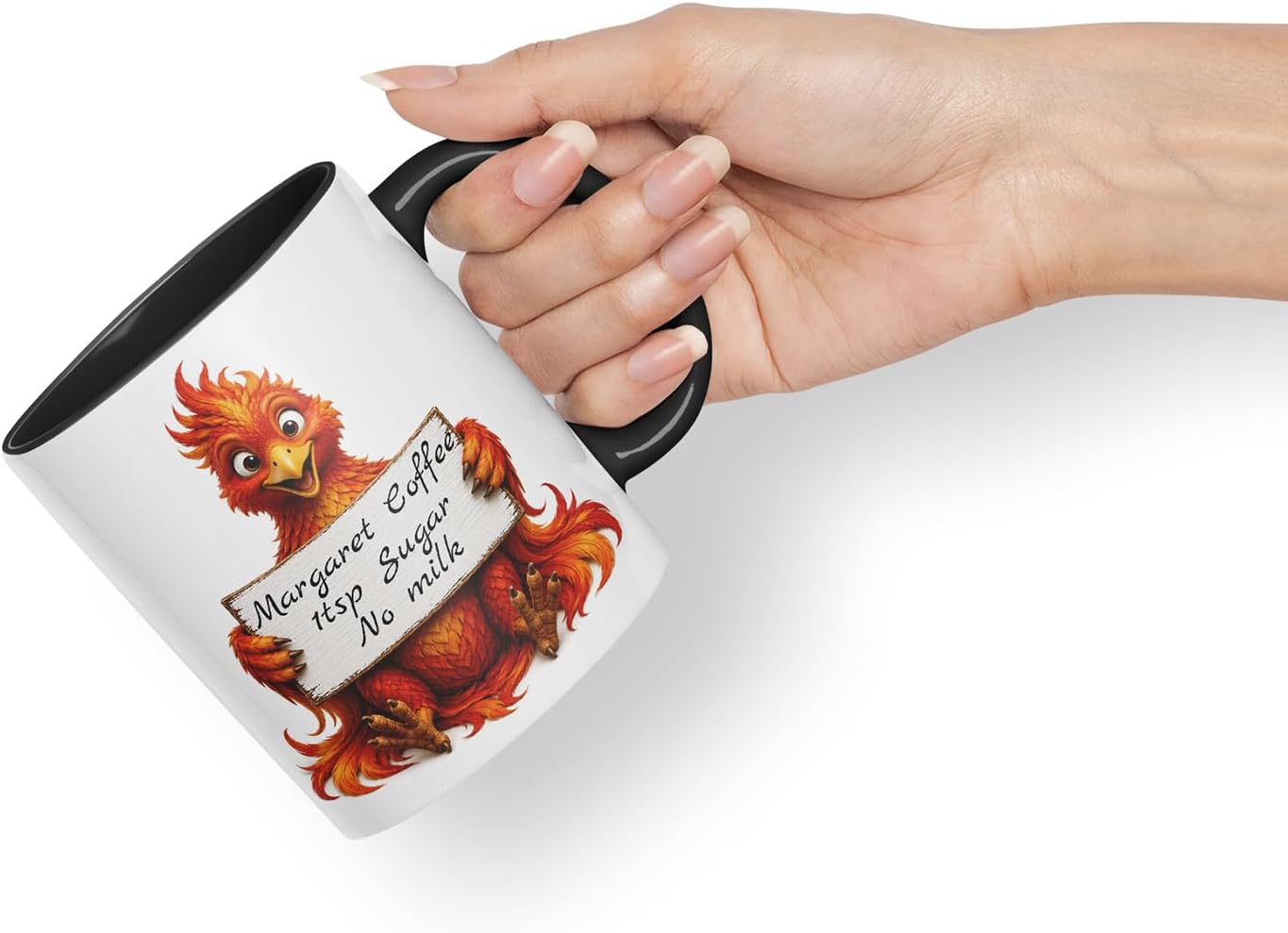 Vixar Personalised Phoenix Mug with Name or Custom Message – Cute Animal Coloured Ceramic Mug Cup Gift, 11oz (Black)