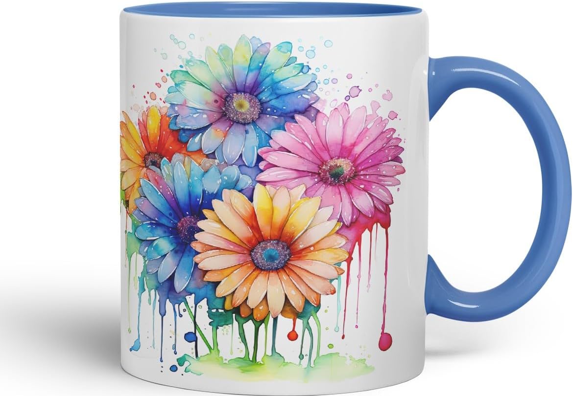 Vixar Gerbera Daisy Bright Bloom Mug Coloured Ceramic Mug Cup Gift, 11oz (C Blue)
