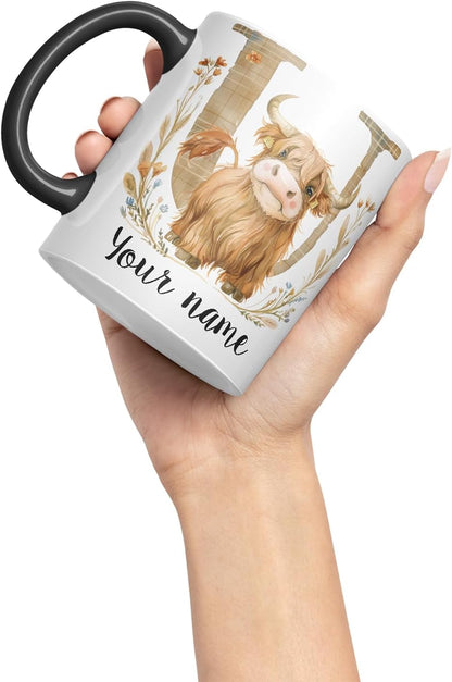Vixar Personalised Highland Cow Initial Letter U Custom Name Mug – Coloured Ceramic Mug Cup Gift, 11oz (Black)
