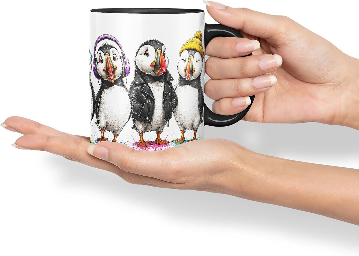 Vixar Cute Puffin Bird Mug – Cute Puffin Bird Coloured Ceramic Mug Cup Gift, 11oz (Black)