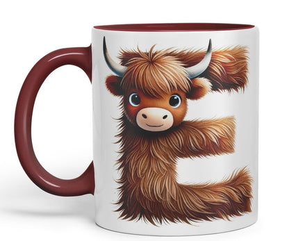 Highland Cow Alphabet Monogram Coloured Ceramic Cup Mug Letter E Rustic Farmhouse Animal Letter Gift V2 11oz (Black)