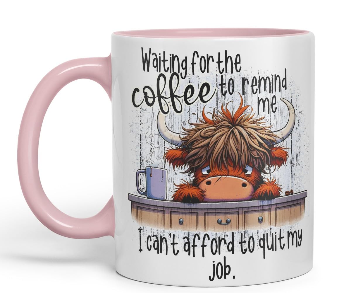Vixar Waiting for The Coffee to Remind Me I Can’t Afford to Quit My Job Funny Highland Cow Coloured Mug Cup 11oz (Black)