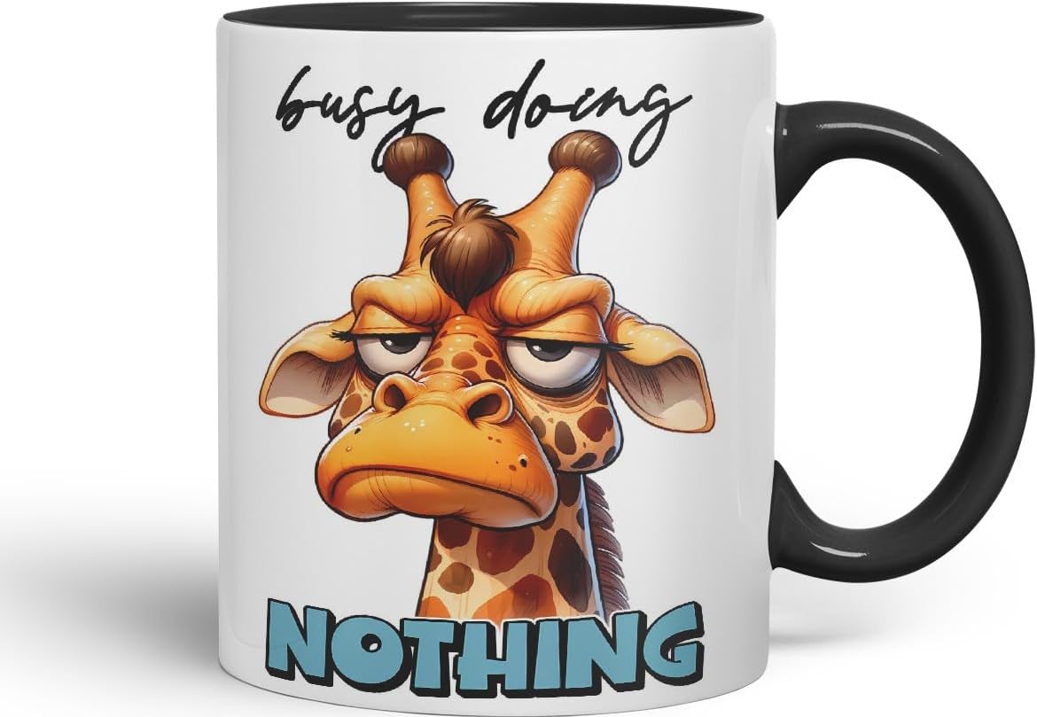 Vixar Busy Doing Nothing Sarcastic Giraffe Mug, Coloured Ceramic Cup 11oz (Black)