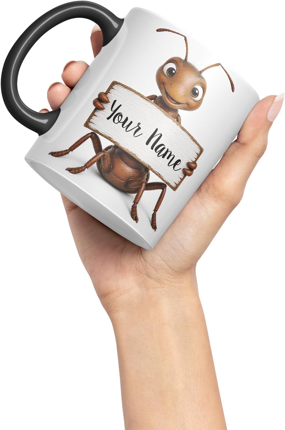 Vixar Personalised Ant Mug with Name or Custom Message – Cute Animal Coloured Ceramic Mug Cup Gift, 11oz (Black)