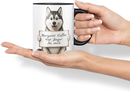 Vixar Personalised Husky Mug with Name or Custom Message – Cute Animal Coloured Ceramic Mug Cup Gift, 11oz (Black)