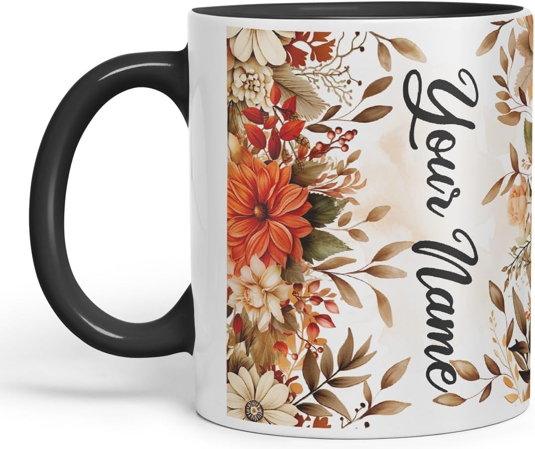 Vixar Personalised Autumn Flower Mug – Custom Your Name Coloured Ceramic Mug Cup Gift, 11oz (Black)