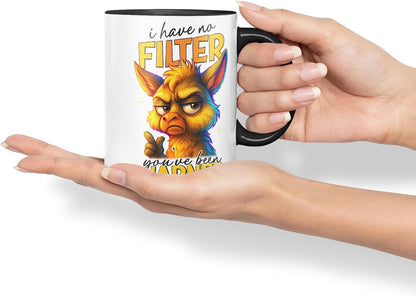 Vixar I Have No Filter You've Been Warned Funny Llama Mug – Coloured Ceramic Mug Cup Gift, 11oz (Black)