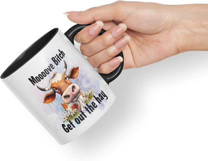 Vixar Moooove Bit.. Get Out The Hay Cow Joke Coloured Ceramic Mug Cup Gift, 11oz (Black)